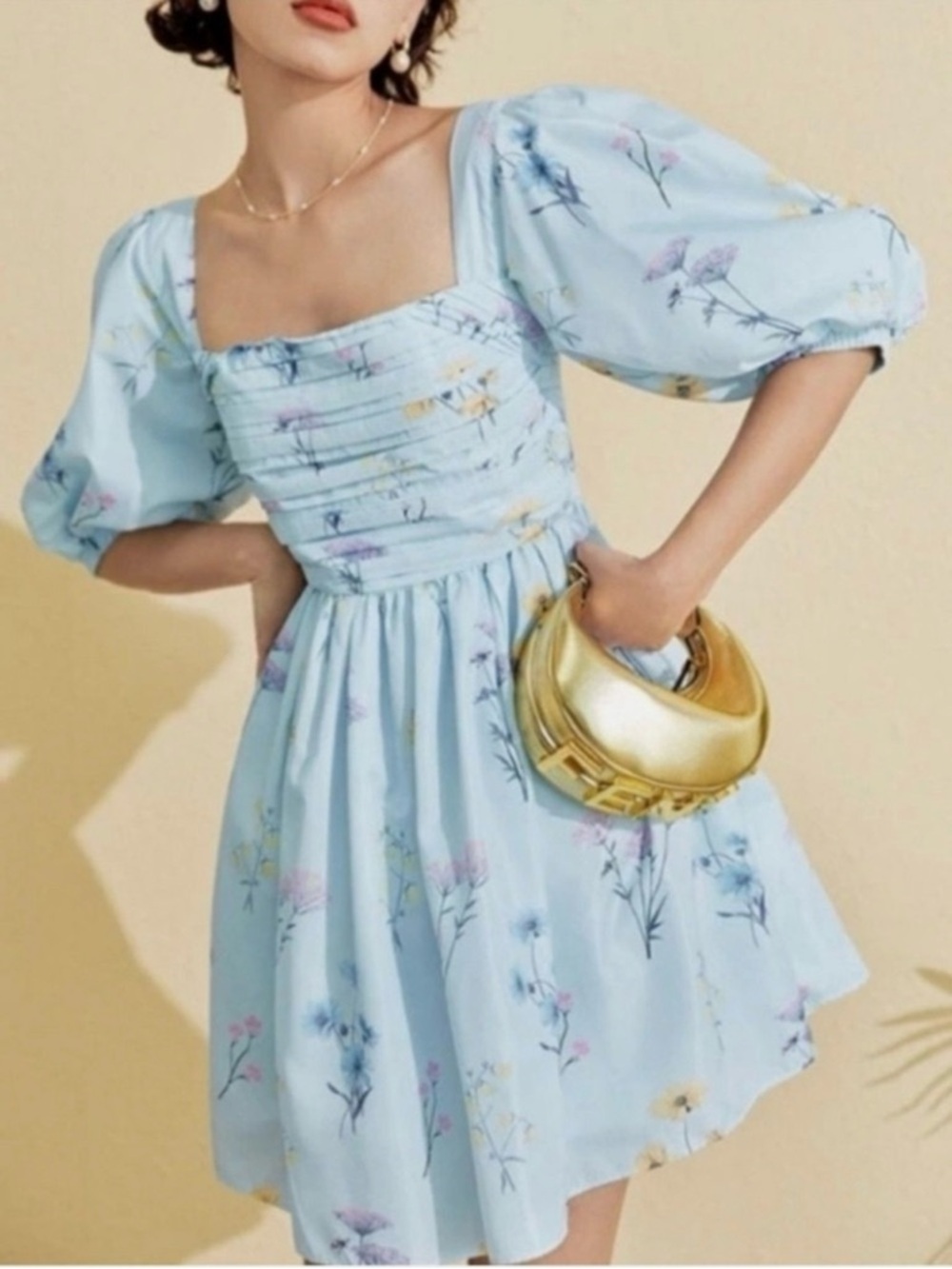 Self-Portrait Pale Blue Babydoll Floral Square-Neck Puff Sleeve Mini Dress.8